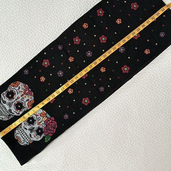 Sugar Skull Table Runner Black Flowers Dia de Los Muertos 70” X 13” Canvas - Picture 4 of 5